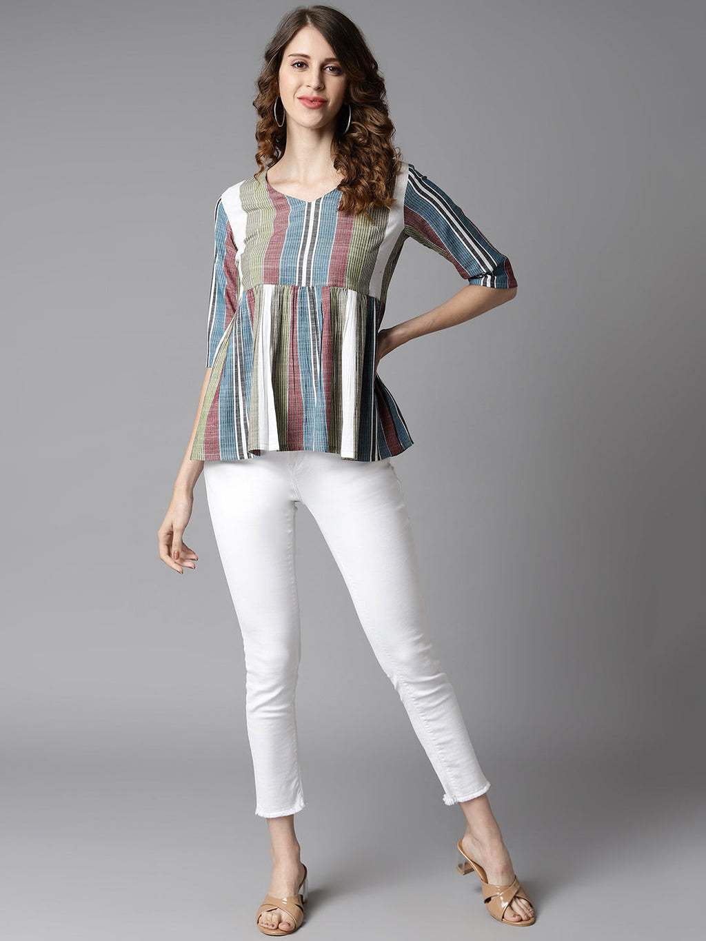Janasya Women's Multicolor Cotton Striped Gathered Top - Distacart