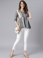 Janasya Women's Multicolor Cotton Striped Gathered Top - Distacart