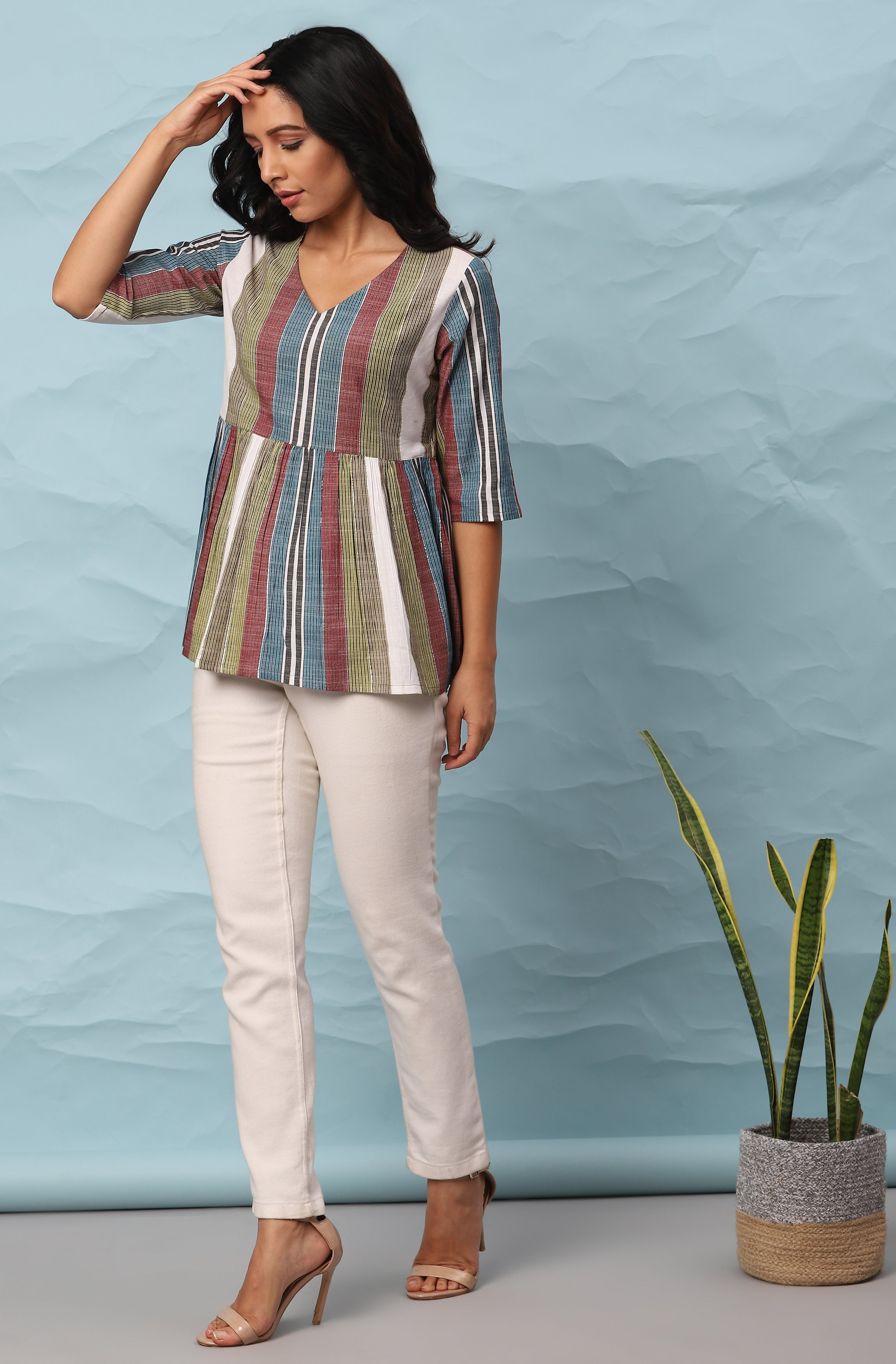 Janasya Women's Multicolor Cotton Striped Gathered Top - Distacart