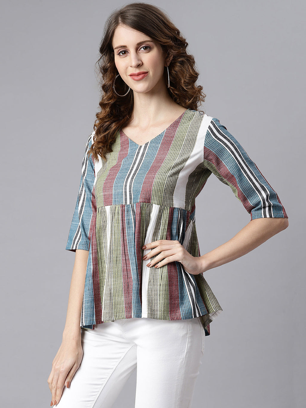 Janasya Women's Multicolor Cotton Striped Gathered Top - Distacart