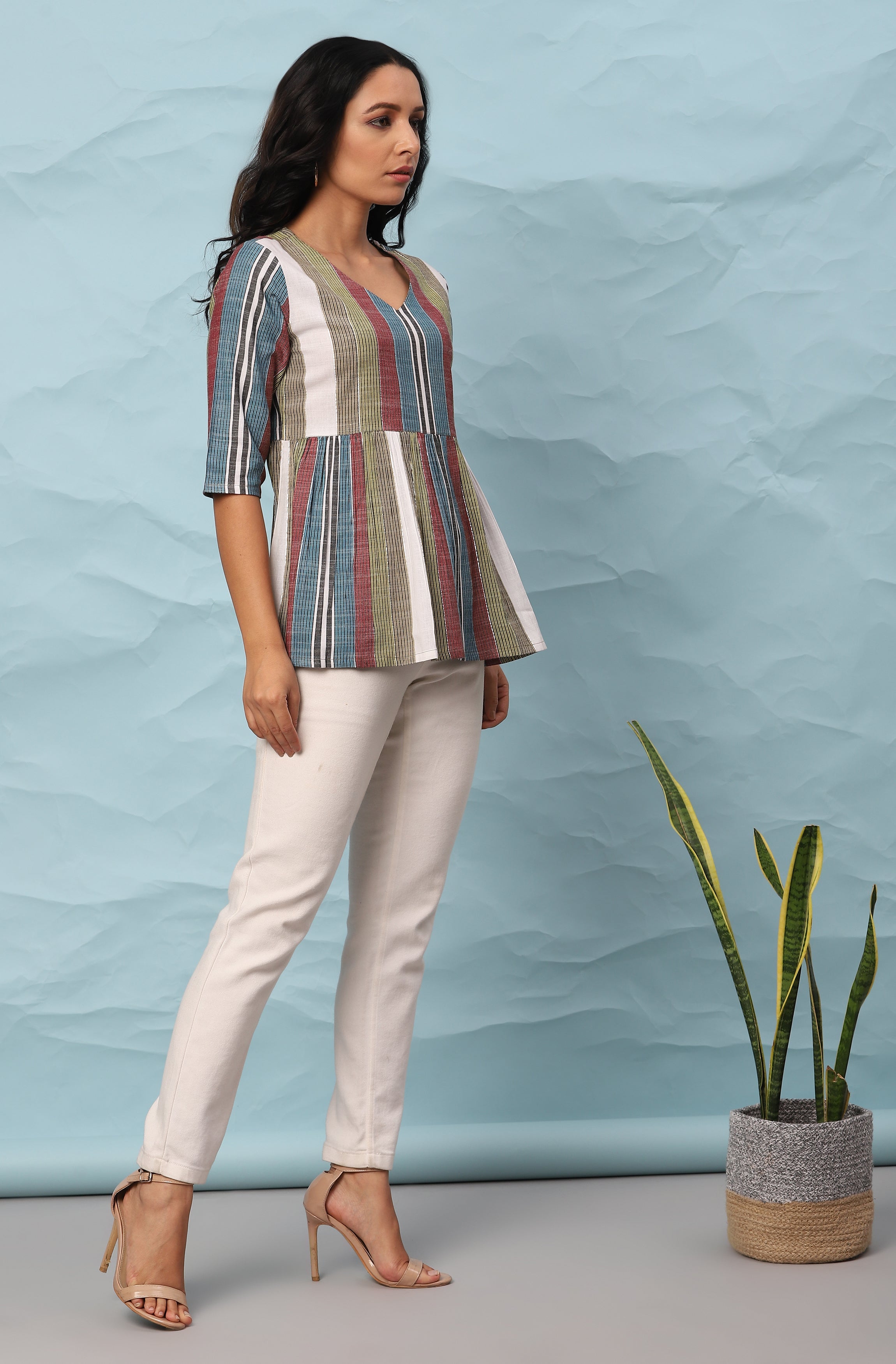 Janasya Women's Multicolor Cotton Striped Gathered Top - Distacart