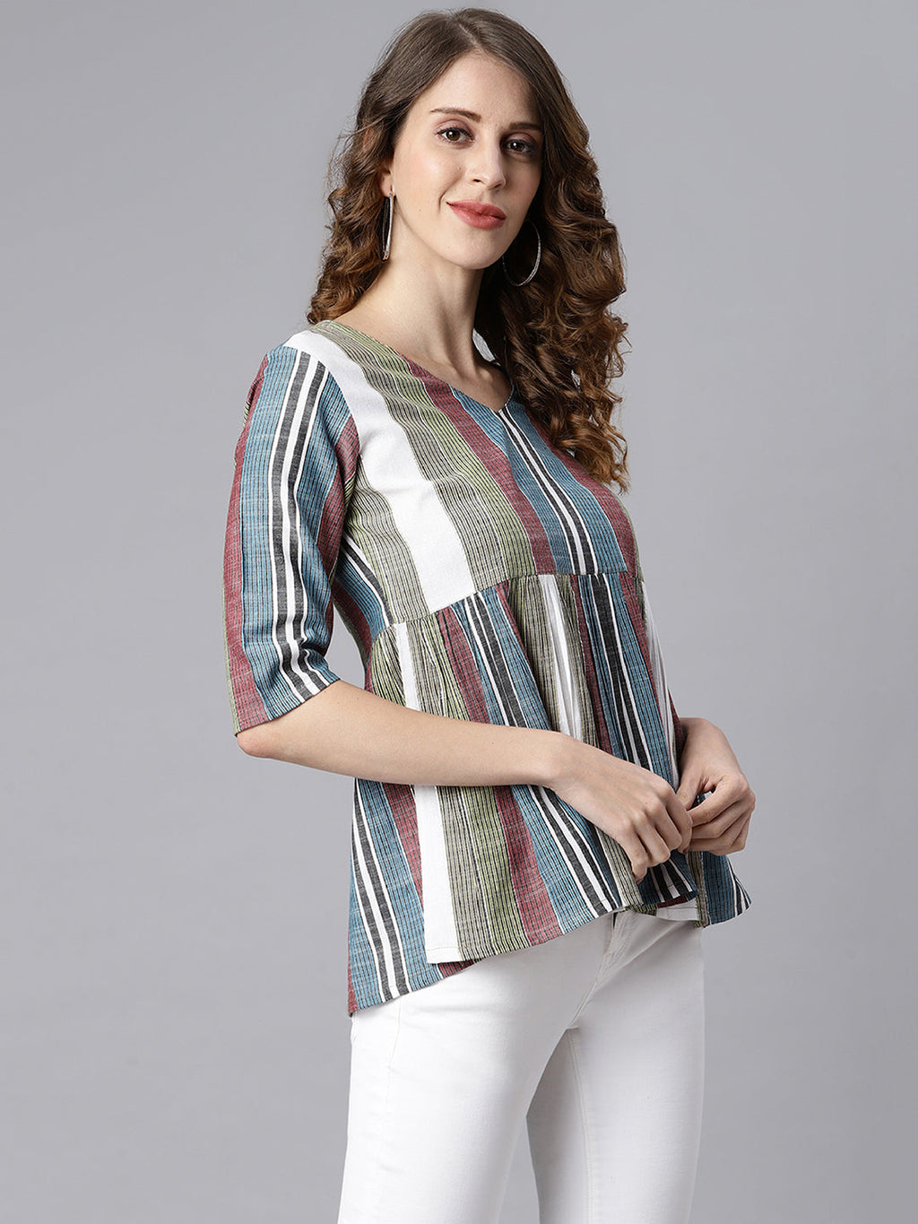 Janasya Women's Multicolor Cotton Striped Gathered Top - Distacart