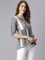 Janasya Women's Multicolor Cotton Striped Gathered Top - Distacart