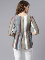 Janasya Women's Multicolor Cotton Striped Gathered Top - Distacart