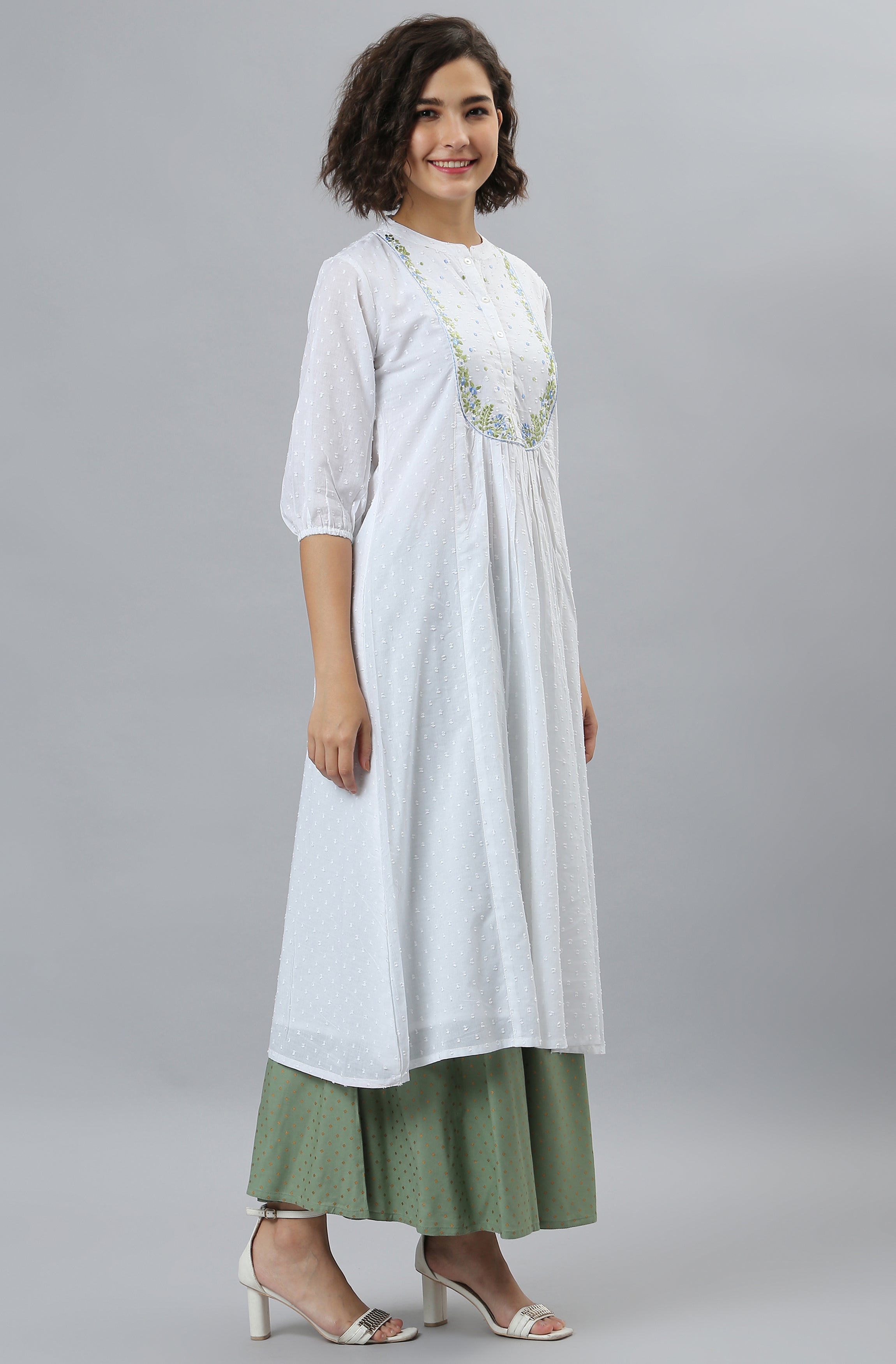 Janasya Women's White Cotton Embroidered Flared Kurta - Distacart