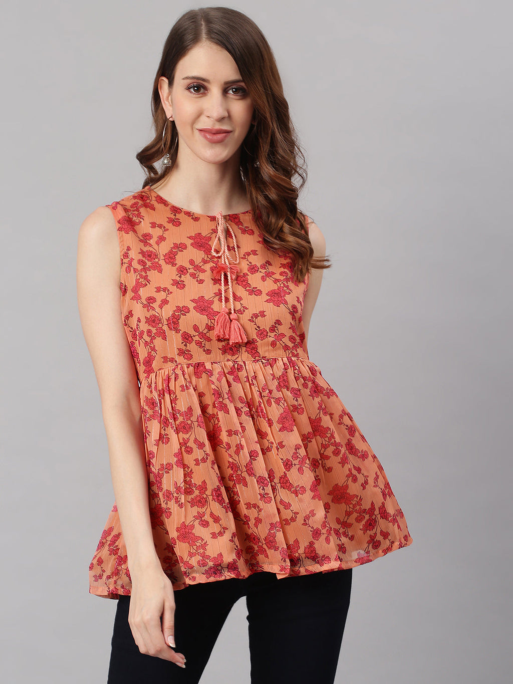 Janasya Women's Orange Poly Georgette Floral Print Regular Top - Distacart