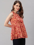 Janasya Women's Orange Poly Georgette Floral Print Regular Top - Distacart