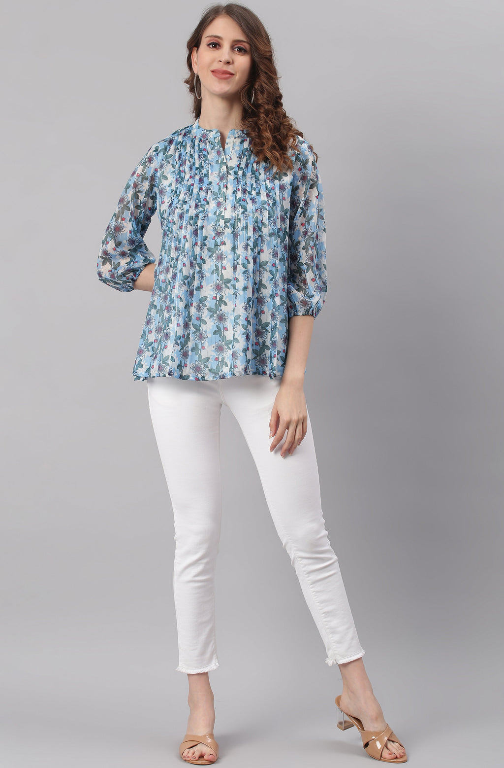 Janasya Women's Blue Poly Georgette Floral Print Pleated Top - Distacart
