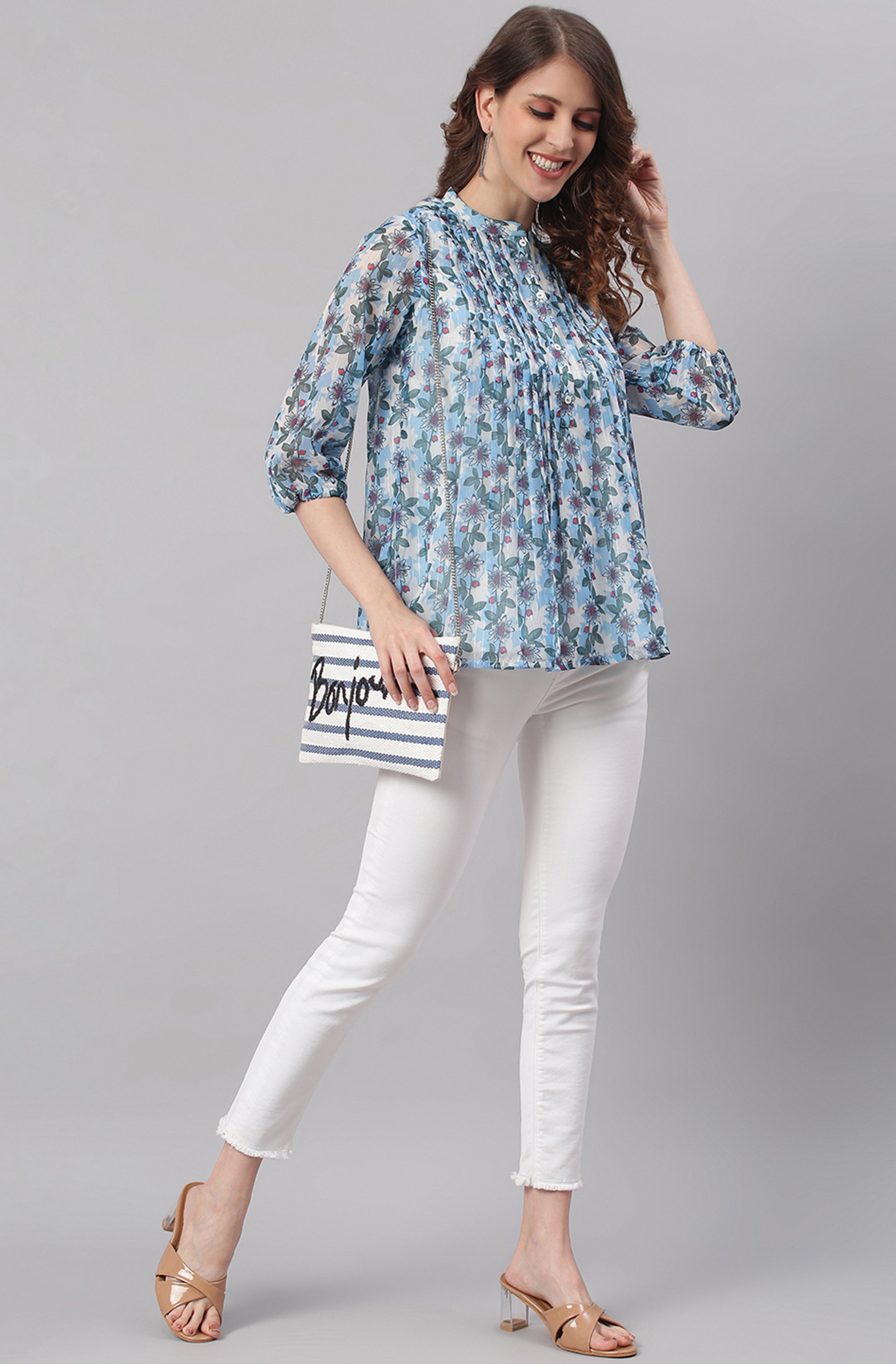 Janasya Women's Blue Poly Georgette Floral Print Pleated Top - Distacart