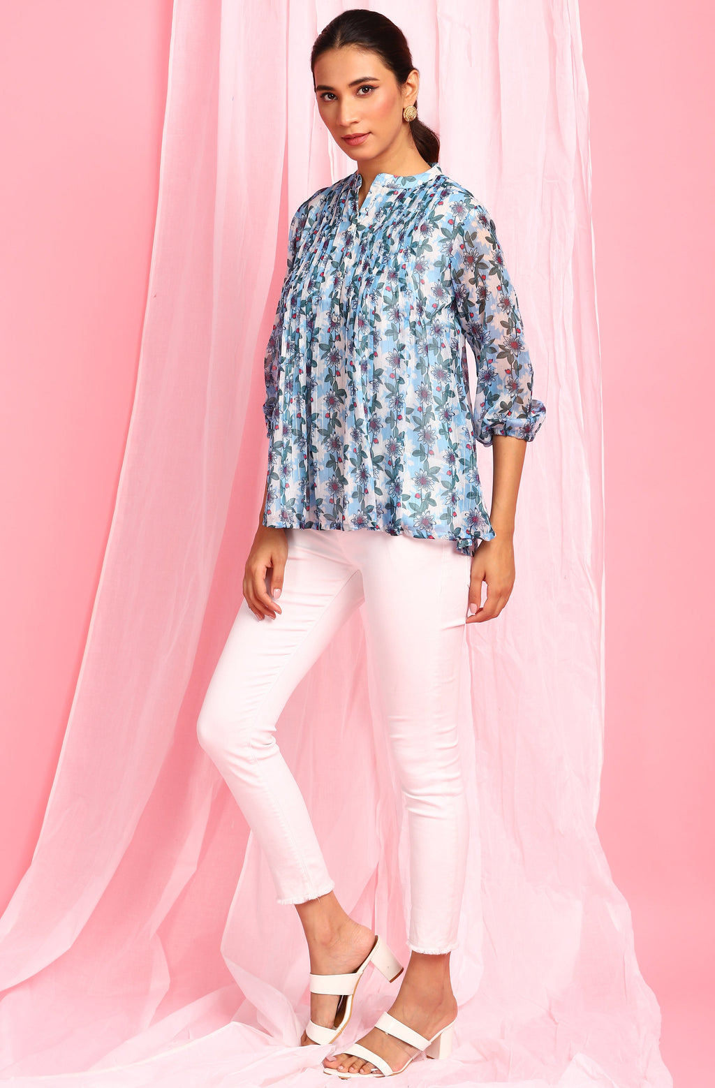 Janasya Women's Blue Poly Georgette Floral Print Pleated Top - Distacart