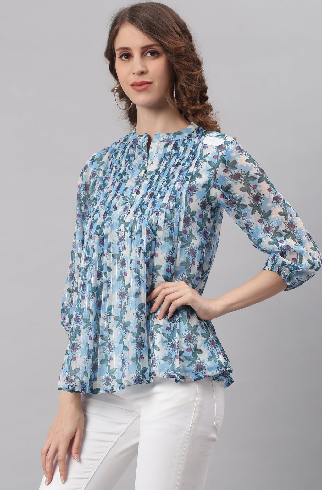 Janasya Women's Blue Poly Georgette Floral Print Pleated Top - Distacart