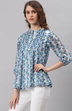 Janasya Women's Blue Poly Georgette Floral Print Pleated Top - Distacart