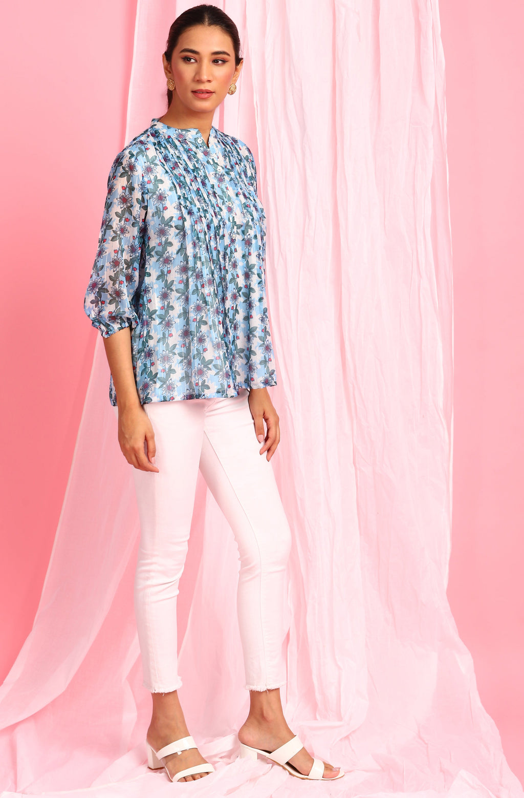 Janasya Women's Blue Poly Georgette Floral Print Pleated Top - Distacart