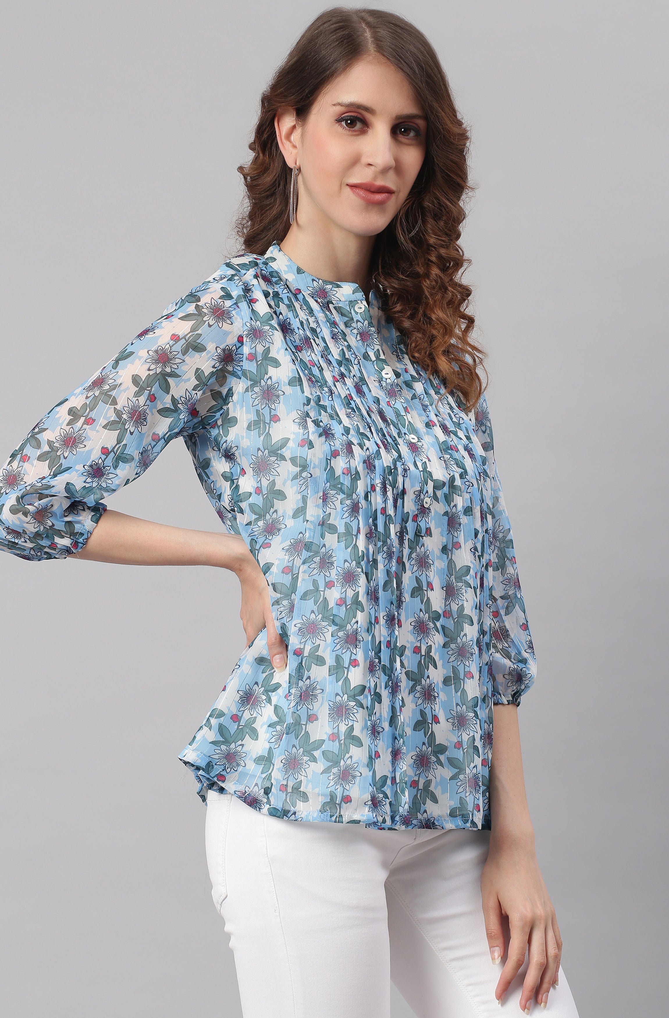 Janasya Women's Blue Poly Georgette Floral Print Pleated Top - Distacart