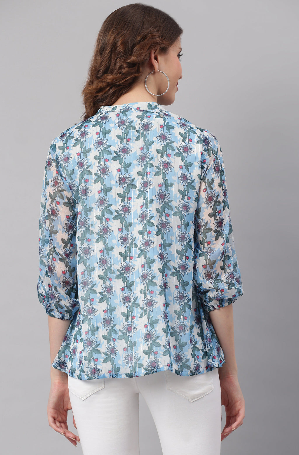 Janasya Women's Blue Poly Georgette Floral Print Pleated Top - Distacart