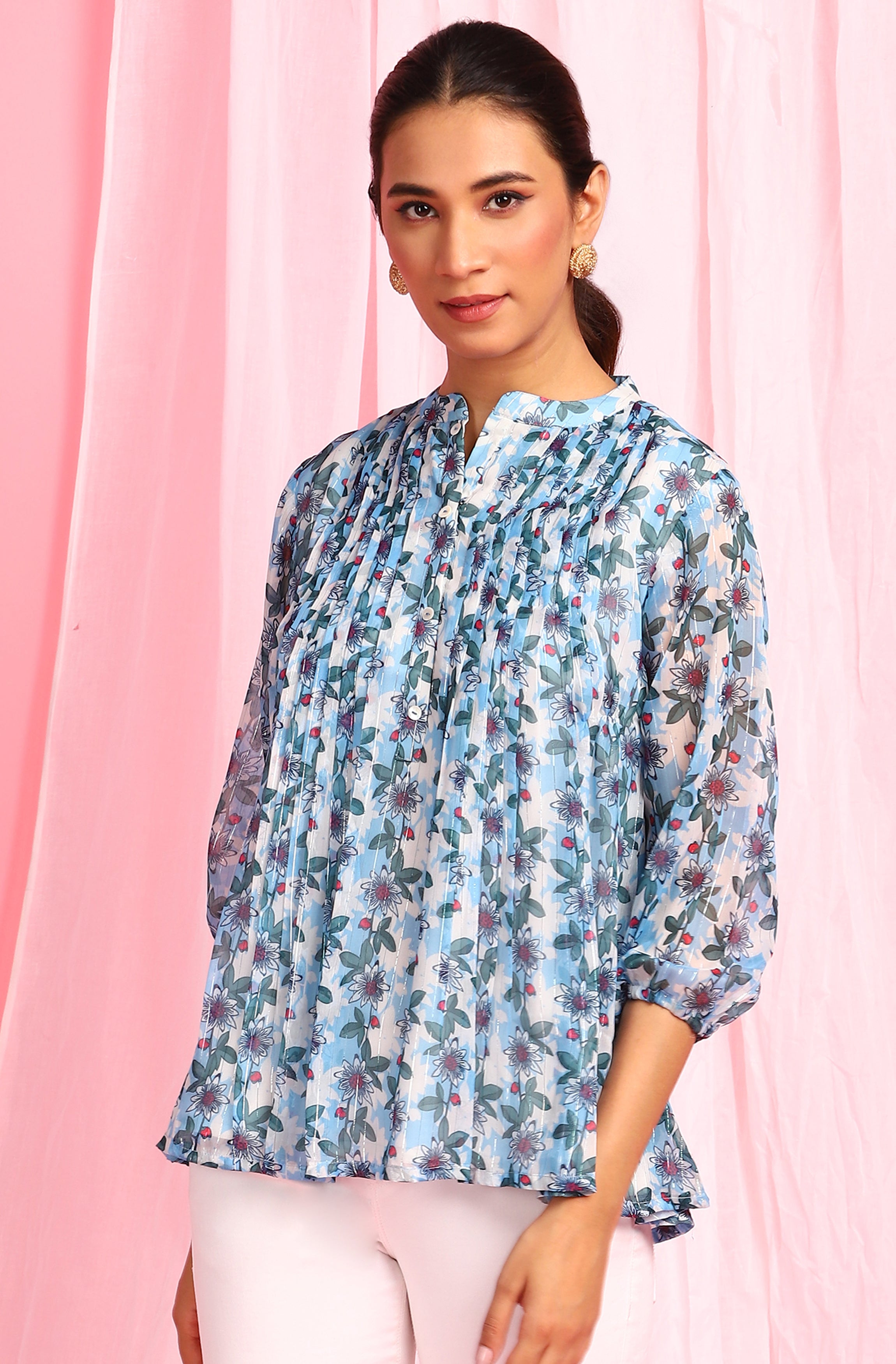 Janasya Women's Blue Poly Georgette Floral Print Pleated Top - Distacart
