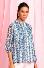 Janasya Women's Blue Poly Georgette Floral Print Pleated Top - Distacart