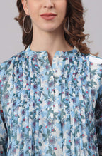 Janasya Women's Blue Poly Georgette Floral Print Pleated Top - Distacart