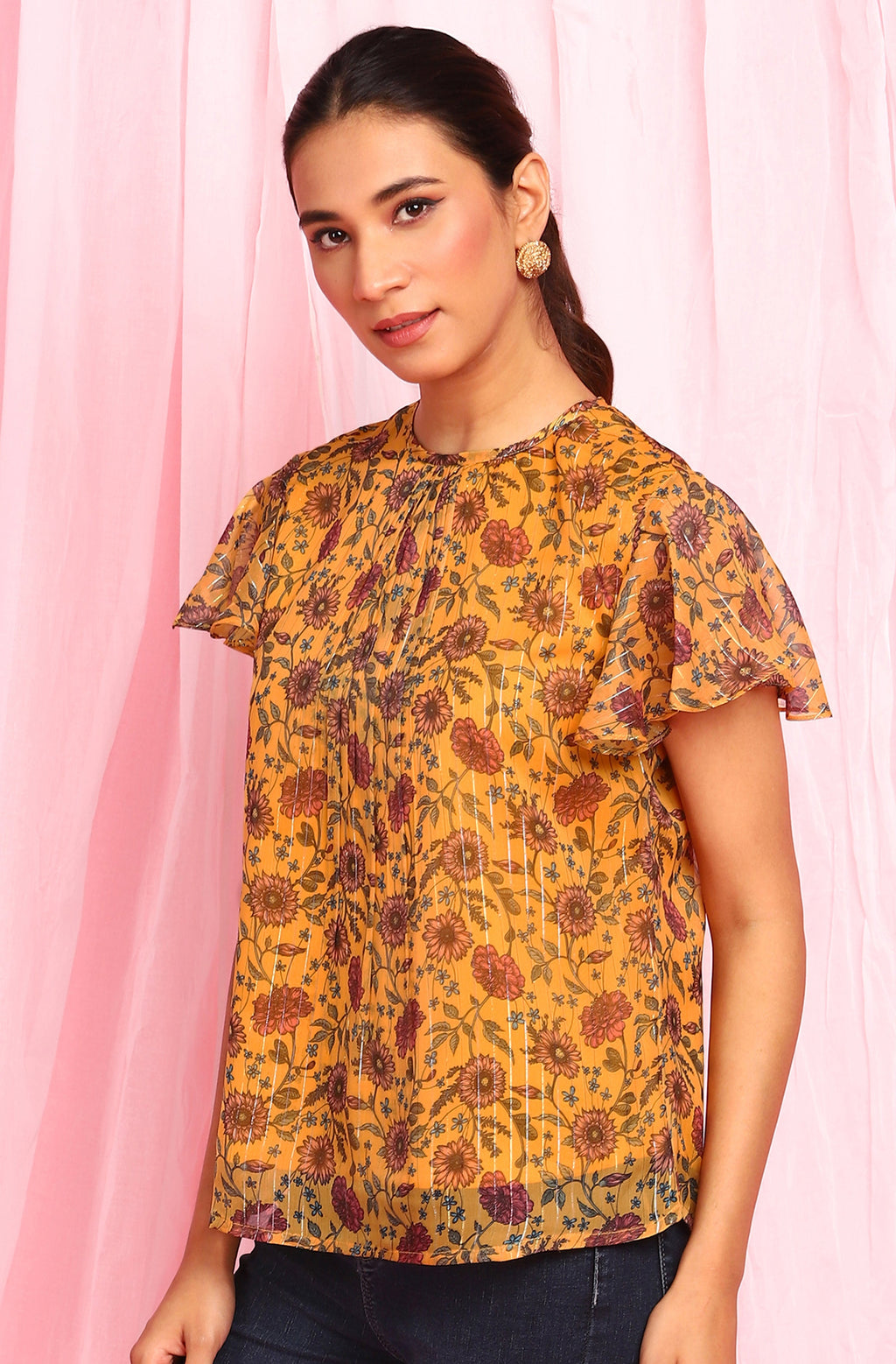 Janasya Women's Mustard Poly Georgette Floral Print Regular Top - Distacart