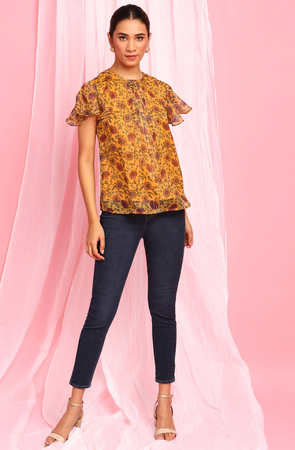 Janasya Women's Mustard Poly Georgette Floral Print Regular Top - Distacart