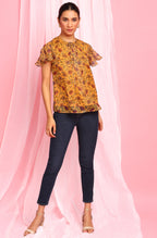 Janasya Women's Mustard Poly Georgette Floral Print Regular Top - Distacart