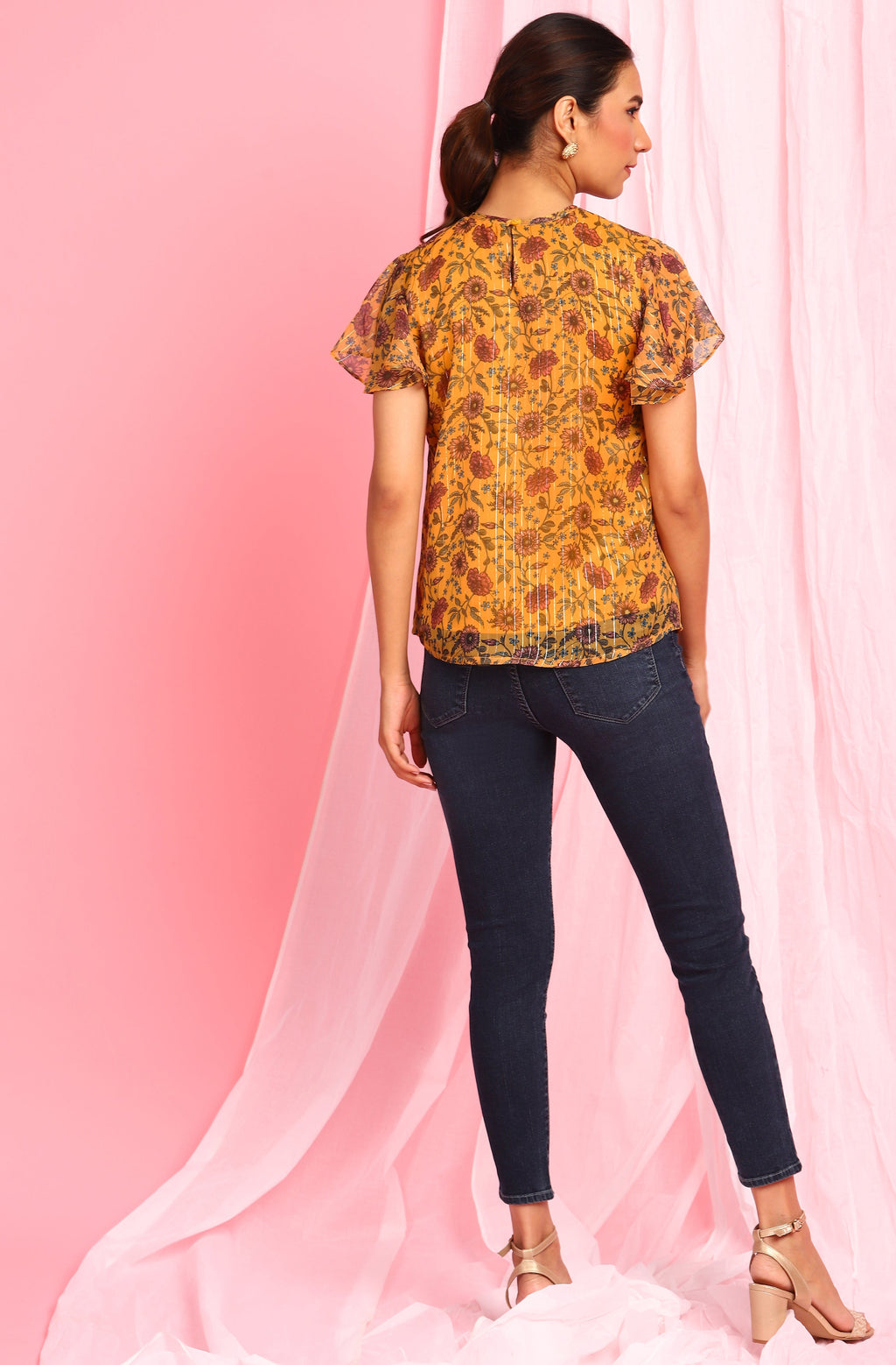 Janasya Women's Mustard Poly Georgette Floral Print Regular Top - Distacart