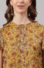 Janasya Women's Mustard Poly Georgette Floral Print Regular Top - Distacart