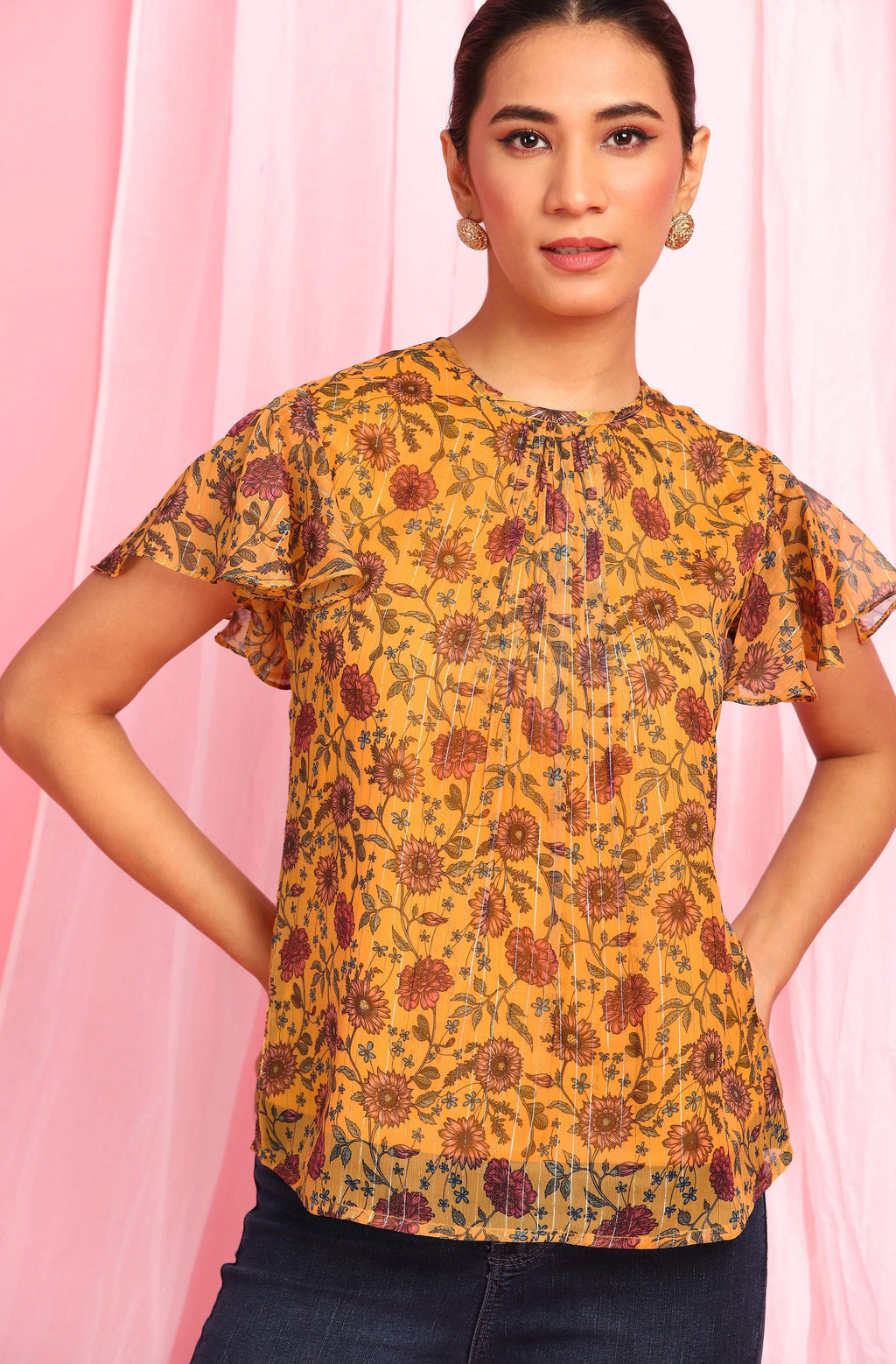 Janasya Women's Mustard Poly Georgette Floral Print Regular Top - Distacart