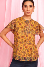 Janasya Women's Mustard Poly Georgette Floral Print Regular Top - Distacart