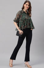 Janasya Women's Green Poly Georgette Floral Print Regular Top - Distacart