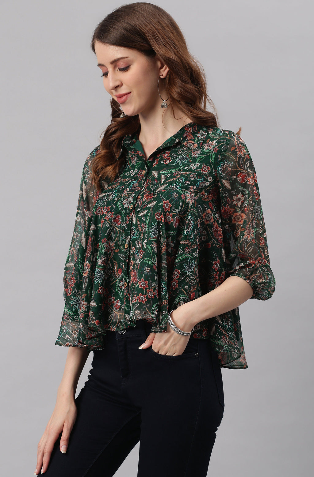 Janasya Women's Green Poly Georgette Floral Print Regular Top - Distacart