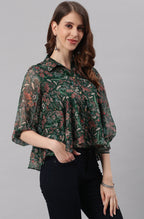 Janasya Women's Green Poly Georgette Floral Print Regular Top - Distacart