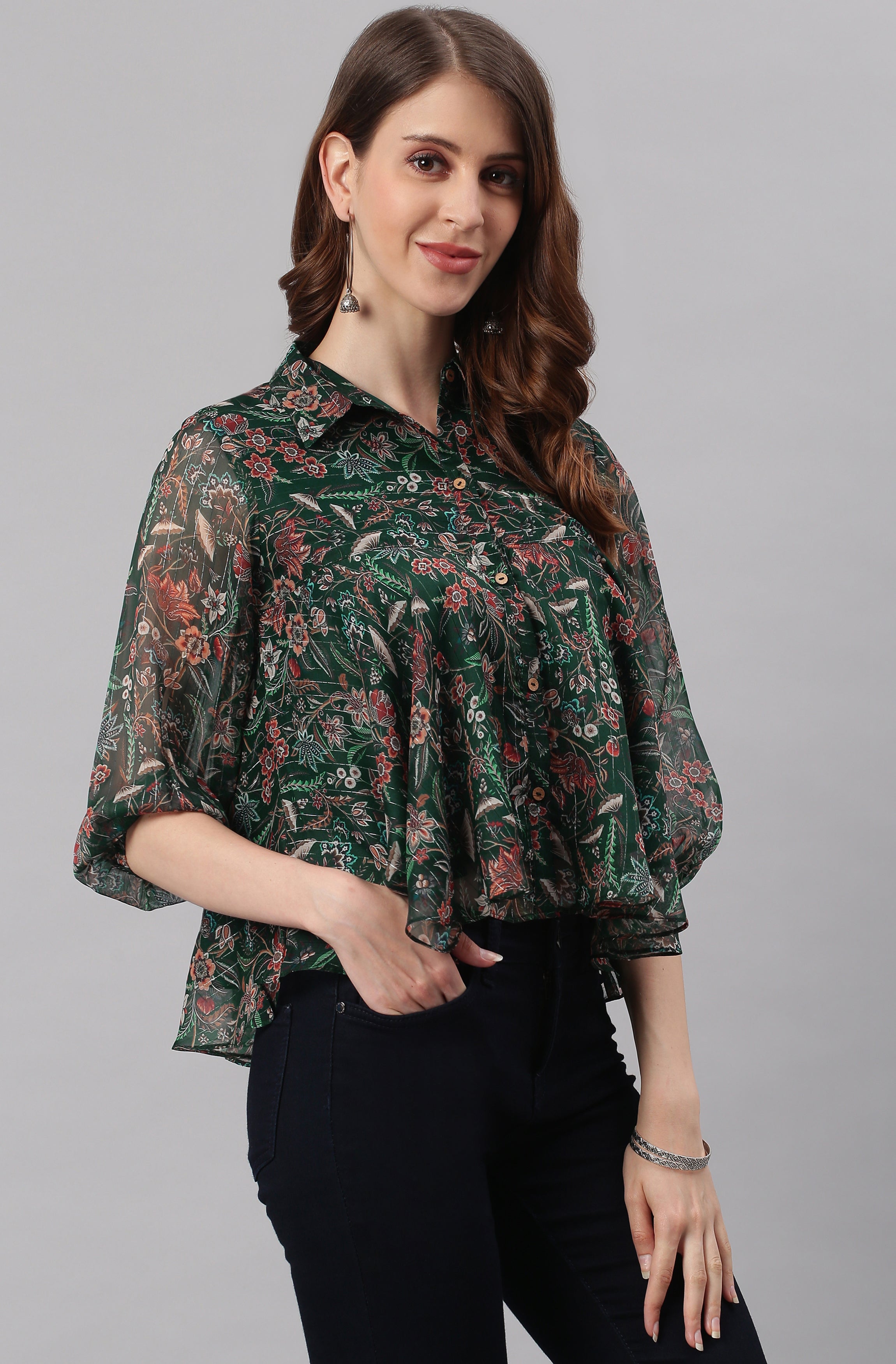 Janasya Women's Green Poly Georgette Floral Print Regular Top - Distacart