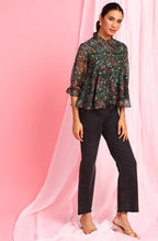 Janasya Women's Green Poly Georgette Floral Print Regular Top - Distacart
