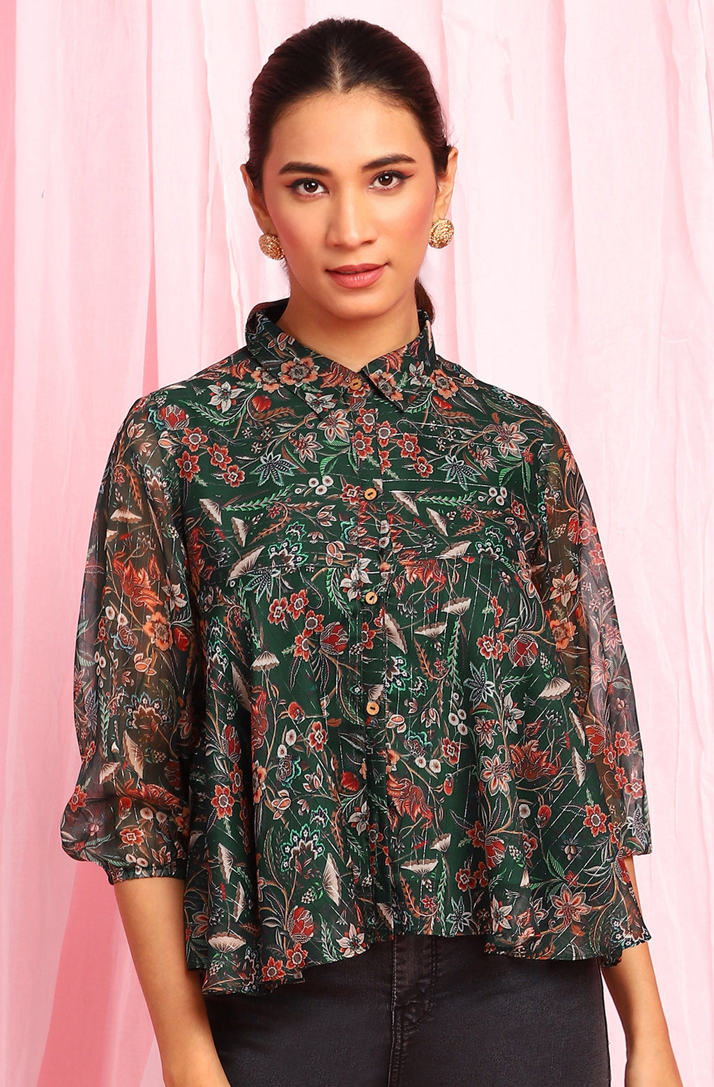 Janasya Women's Green Poly Georgette Floral Print Regular Top - Distacart