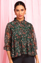 Janasya Women's Green Poly Georgette Floral Print Regular Top - Distacart