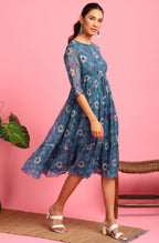 Janasya Blue Poly Georgette Floral Flared Western Dress - Distacart