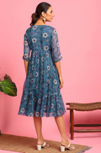 Janasya Blue Poly Georgette Floral Flared Western Dress - Distacart