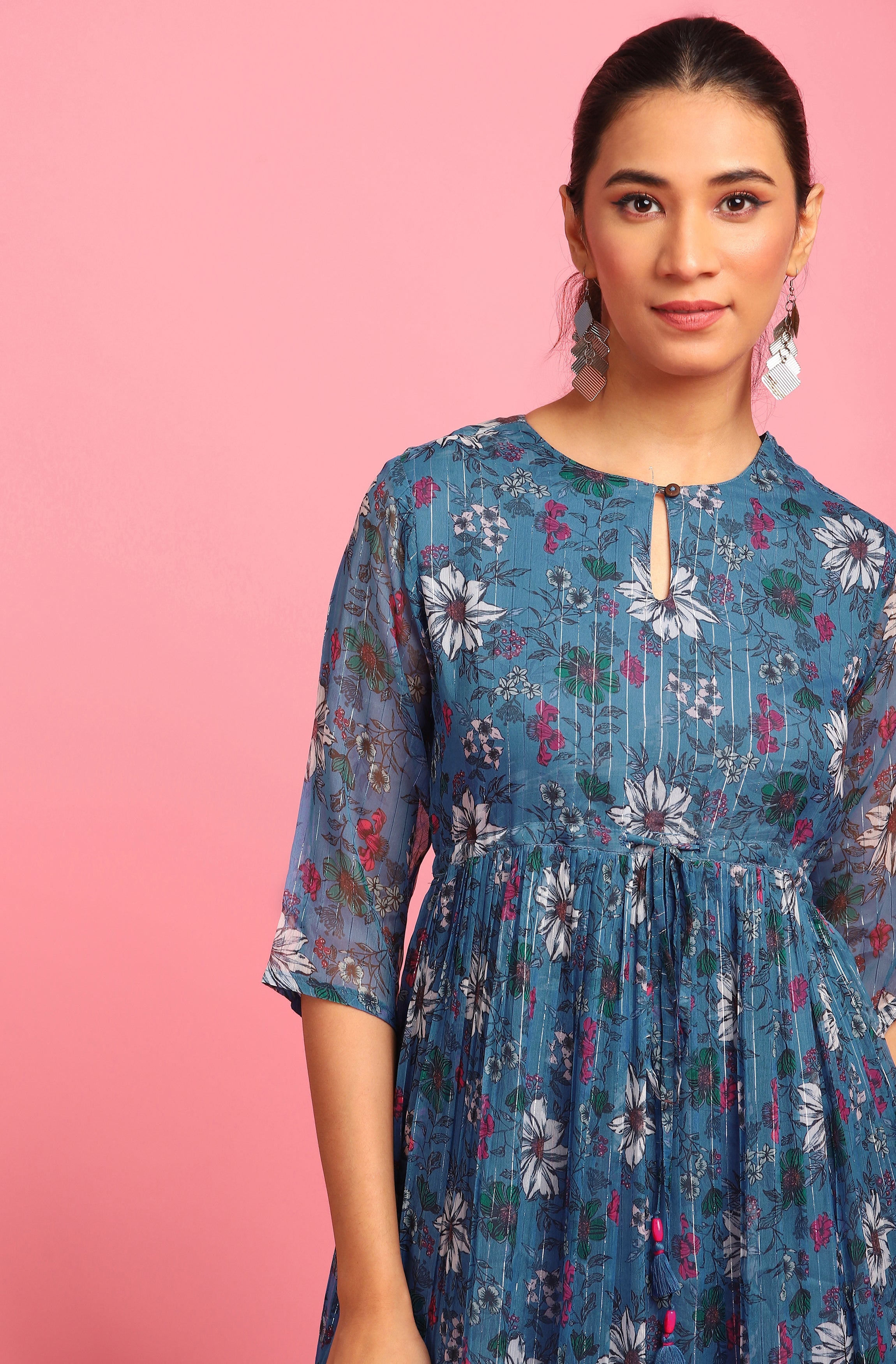 Janasya Blue Poly Georgette Floral Flared Western Dress - Distacart