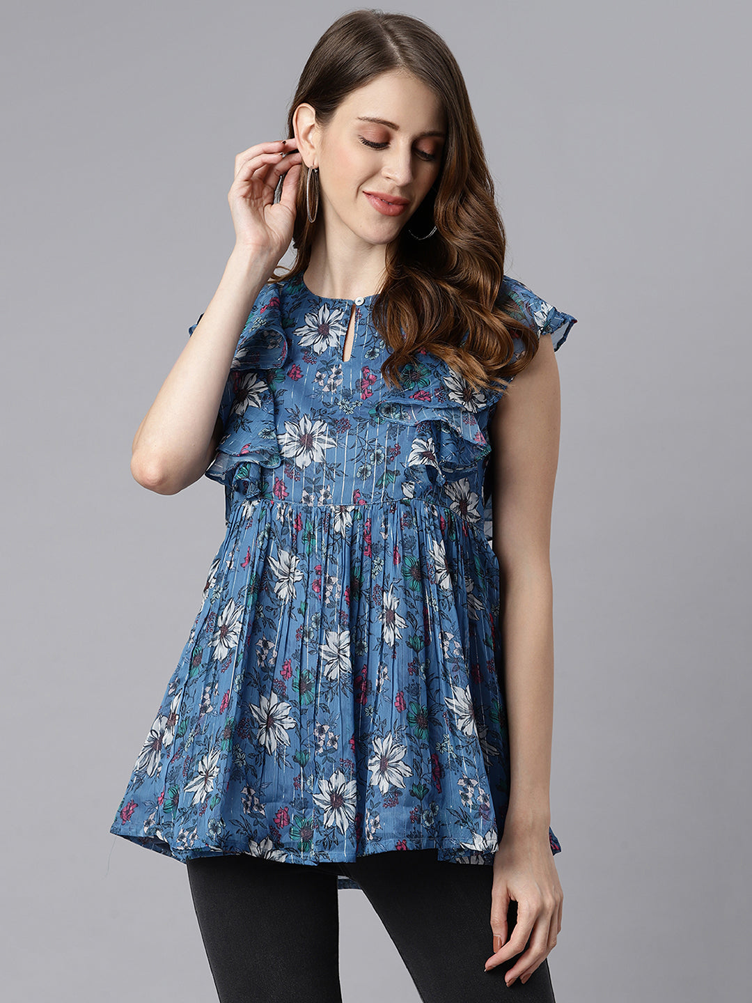 Janasya Women's Blue Poly Georgette Floral Print Gathered Top - Distacart