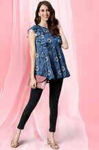 Janasya Women's Blue Poly Georgette Floral Print Gathered Top - Distacart