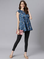 Janasya Women's Blue Poly Georgette Floral Print Gathered Top - Distacart