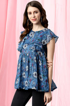 Janasya Women's Blue Poly Georgette Floral Print Gathered Top - Distacart