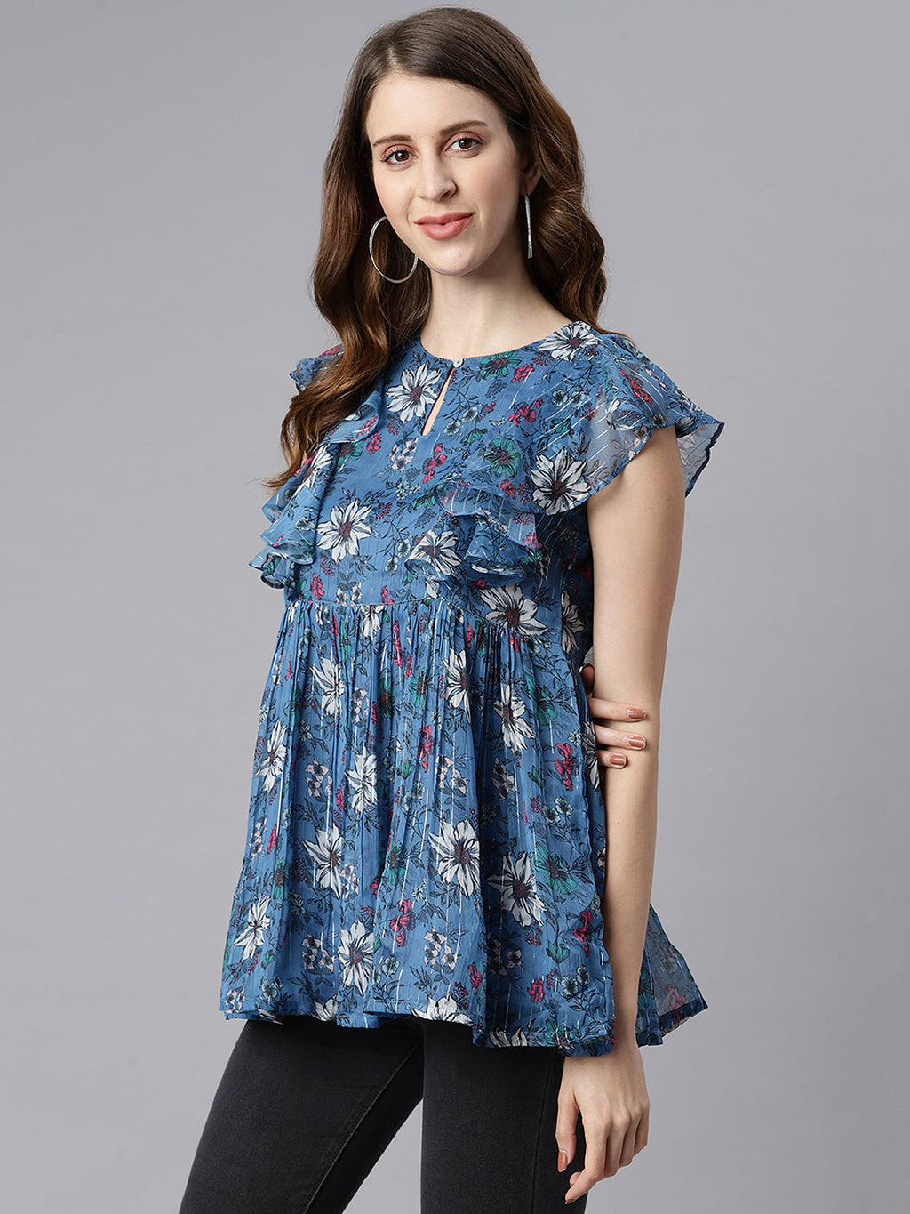 Janasya Women's Blue Poly Georgette Floral Print Gathered Top - Distacart