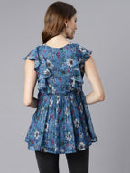 Janasya Women's Blue Poly Georgette Floral Print Gathered Top - Distacart