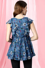 Janasya Women's Blue Poly Georgette Floral Print Gathered Top - Distacart