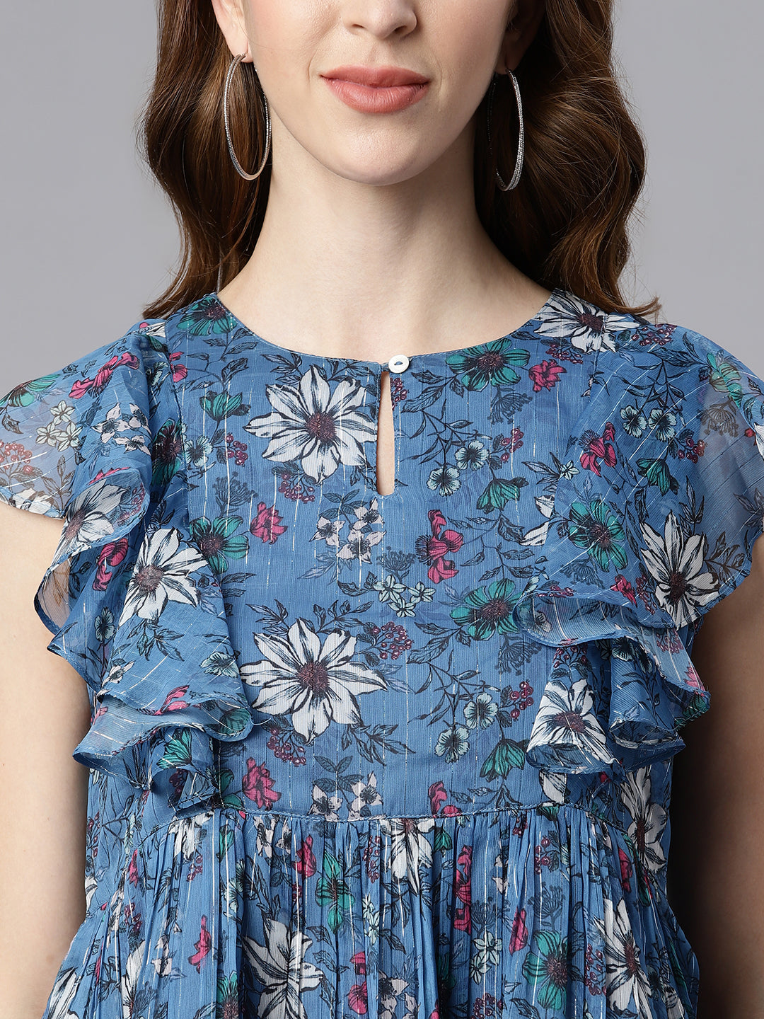 Janasya Women's Blue Poly Georgette Floral Print Gathered Top - Distacart