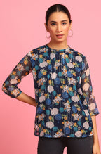 Janasya Women's Navy Blue Poly Georgette Floral Print Regular Top - Distacart