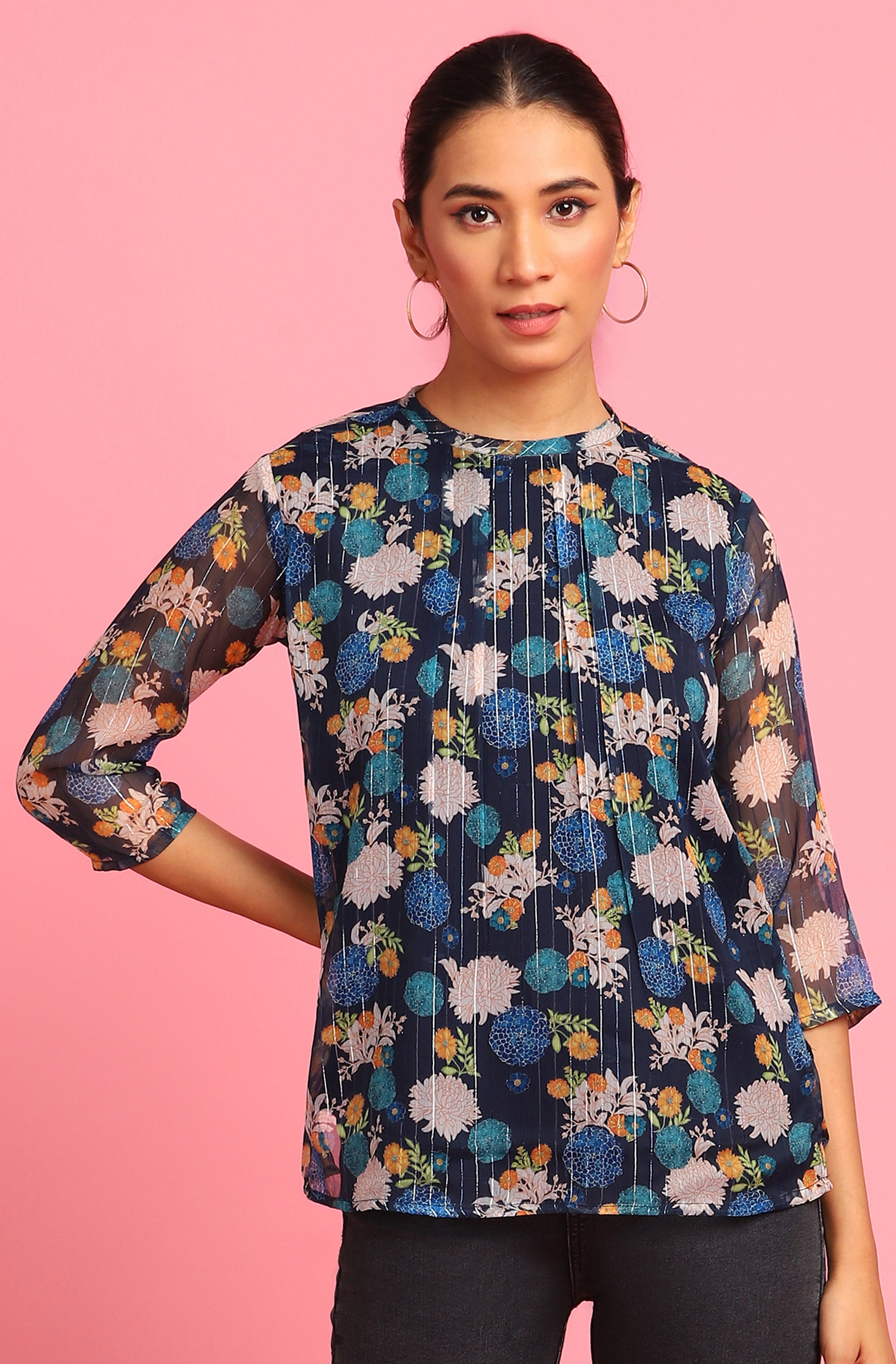Janasya Women's Navy Blue Poly Georgette Floral Print Regular Top - Distacart