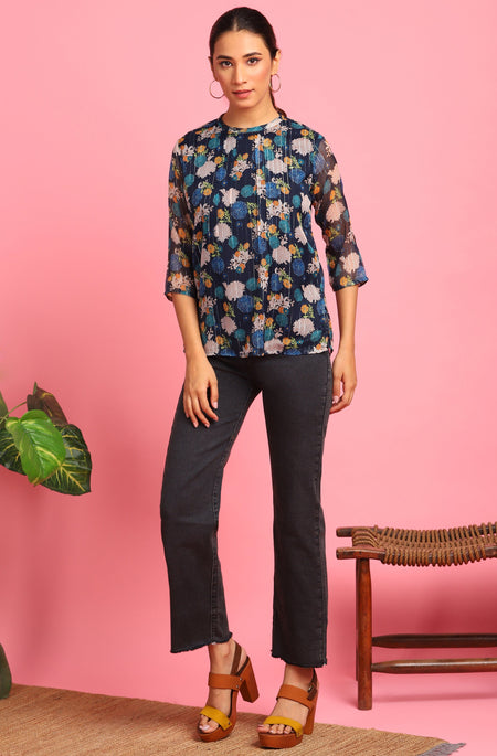 Janasya Women's Navy Blue Poly Georgette Floral Print Regular Top